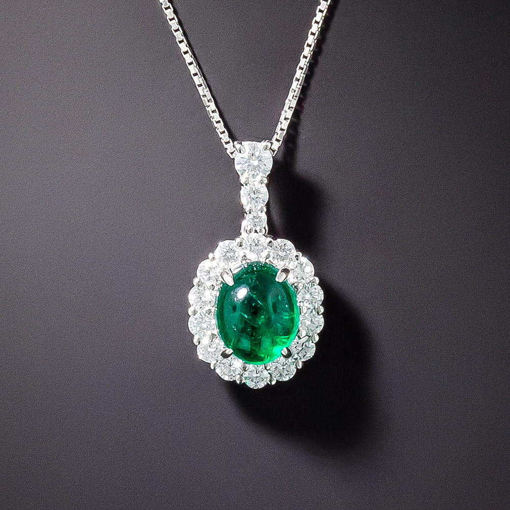 1.17 Carat Emerald Cabochon and Diamond Halo Pendant