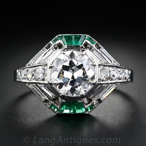 1.35 Carat French Art Deco Diamond and Calibre Emerald Ring