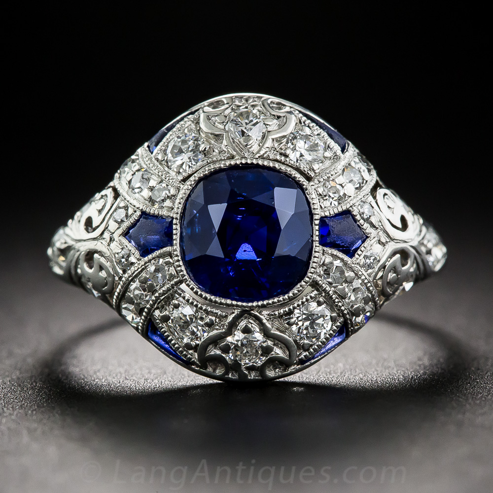 1.50 Carat No Heat Sapphire and Diamond Art Deco Ring