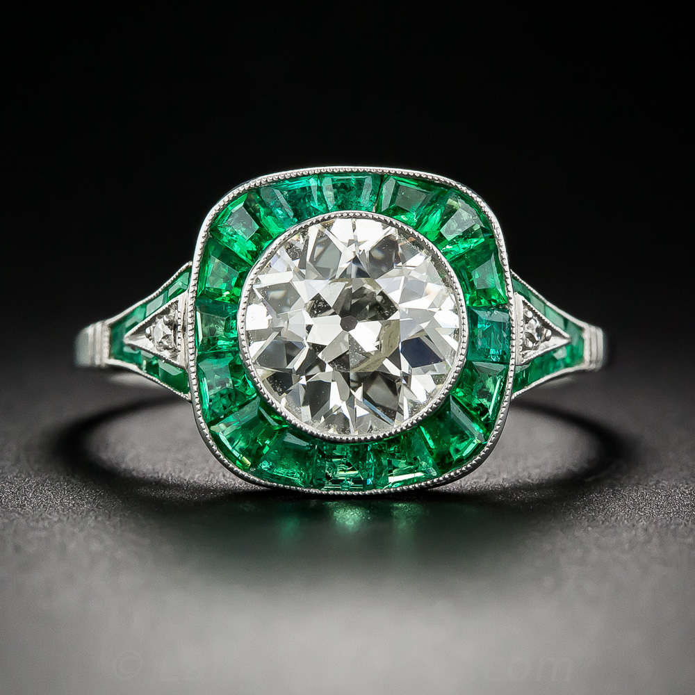 1.81 Carat Diamond and Emerald Art Deco Style Engagement Ring