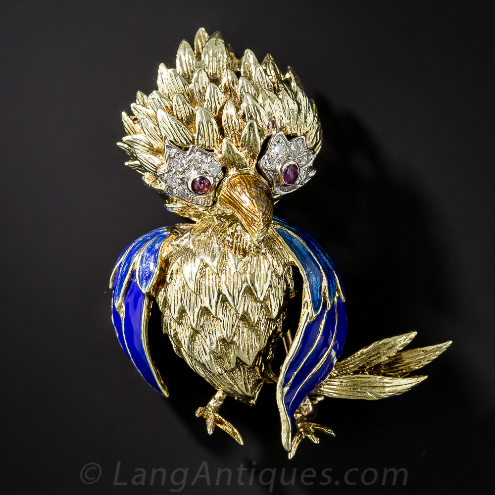 14K Yellow Gold Enamel Bird Brooch