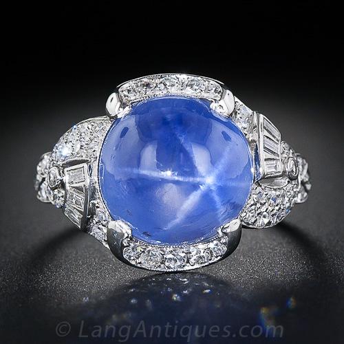 15 Carat Blue Star Sapphire and Diamond Art Deco Ring