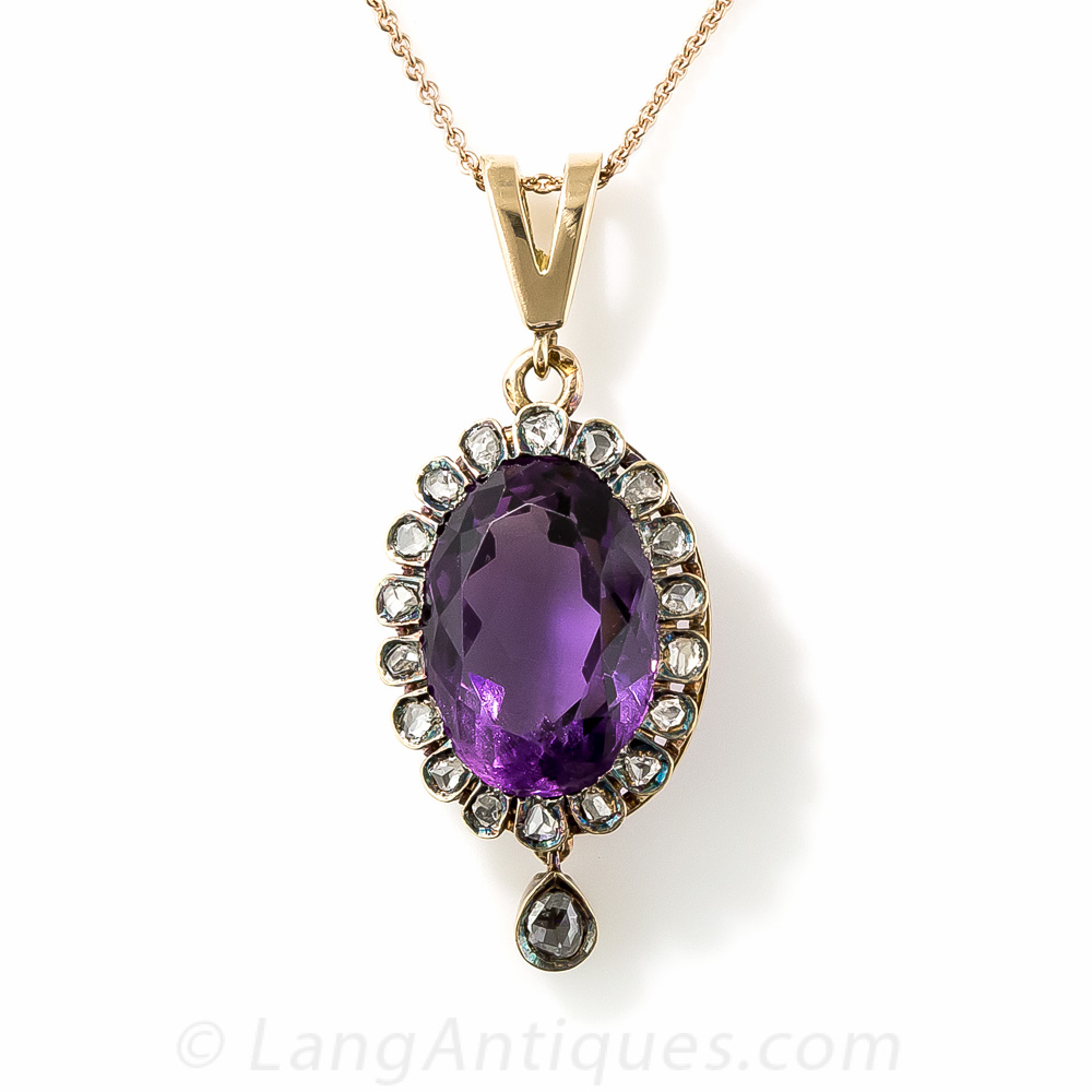 18K Amethyst and Rose Cut Diamond Pendant