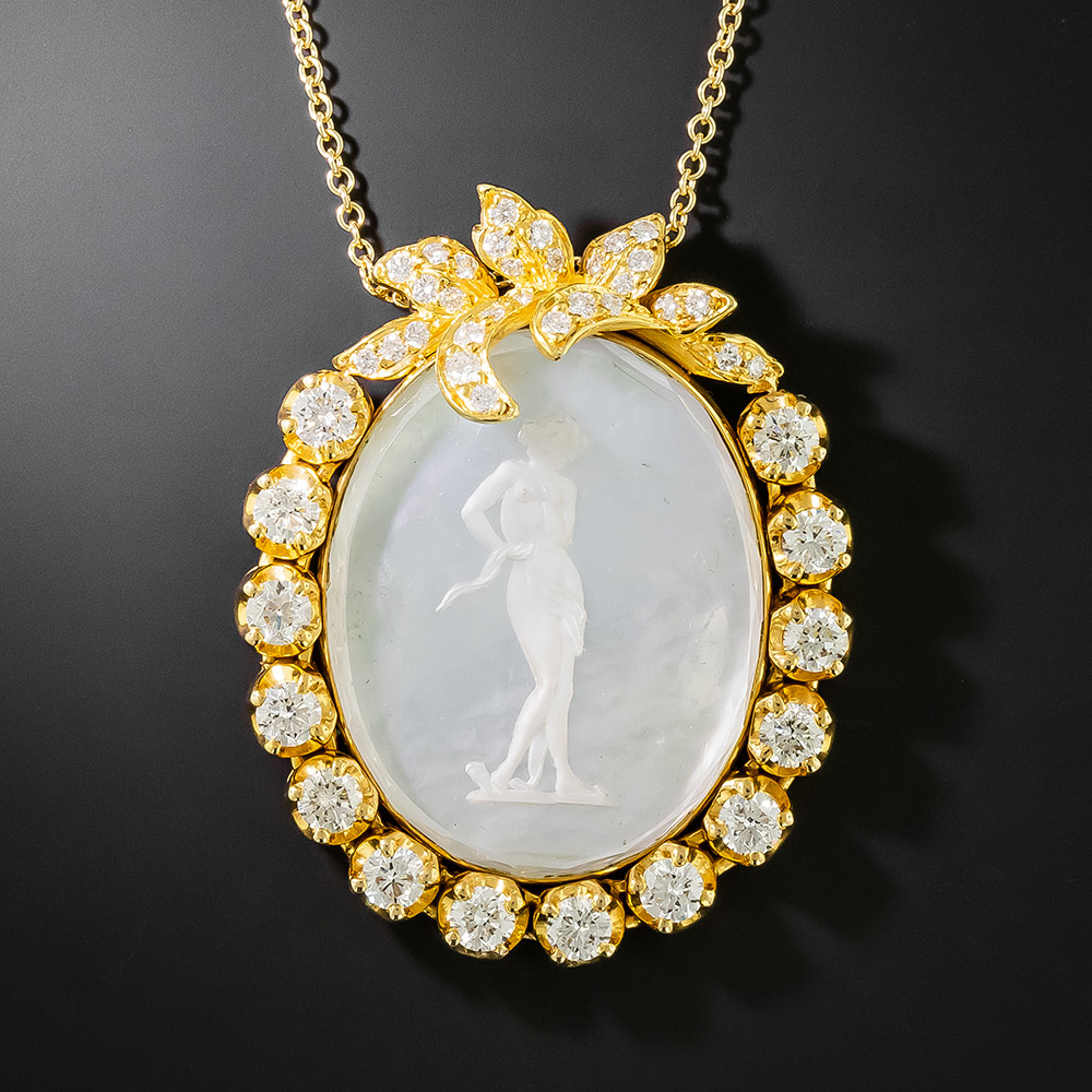 14K White Gold Habille Cameo Brooch/pendant With Diamond - Etsy