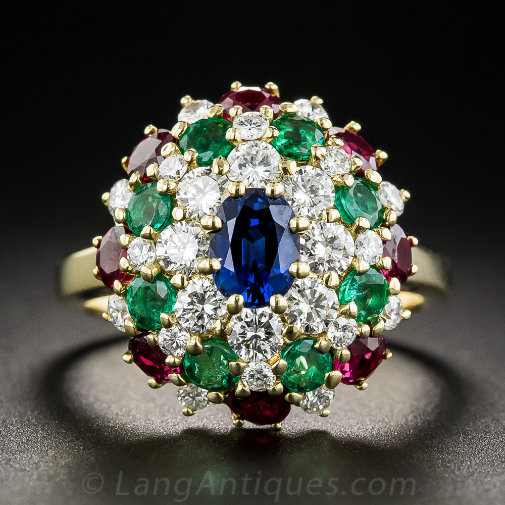 Vintage 18K YG Ruby Diamond Sapphire and Emerald Domed Ring Size 6.25 Circa  1960 - Colonial Trading Company
