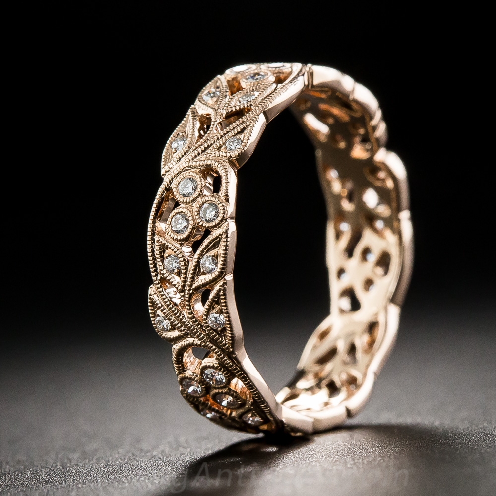 18K Rose Gold and Diamond Vine Motif Band - Size 6