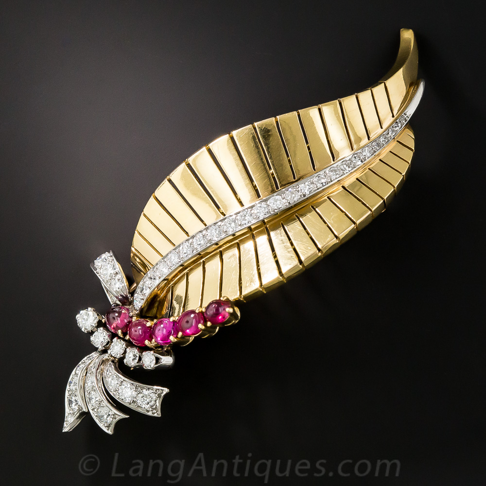 1940s French Leaf Pin with Diamonds and Rubies