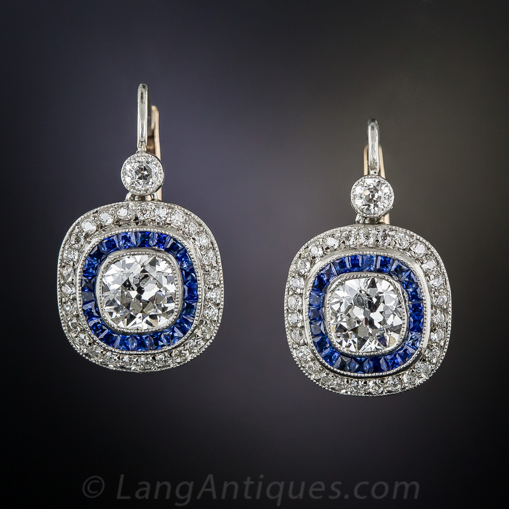 2.10 Carat Diamond and Sapphire Art Deco Style Earrings Antique
