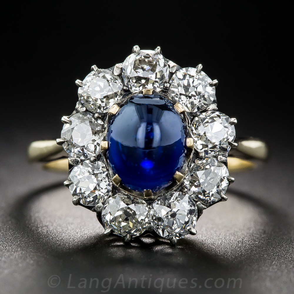 2.35 Carat Cabochon Sapphire and Diamond Antique Ring