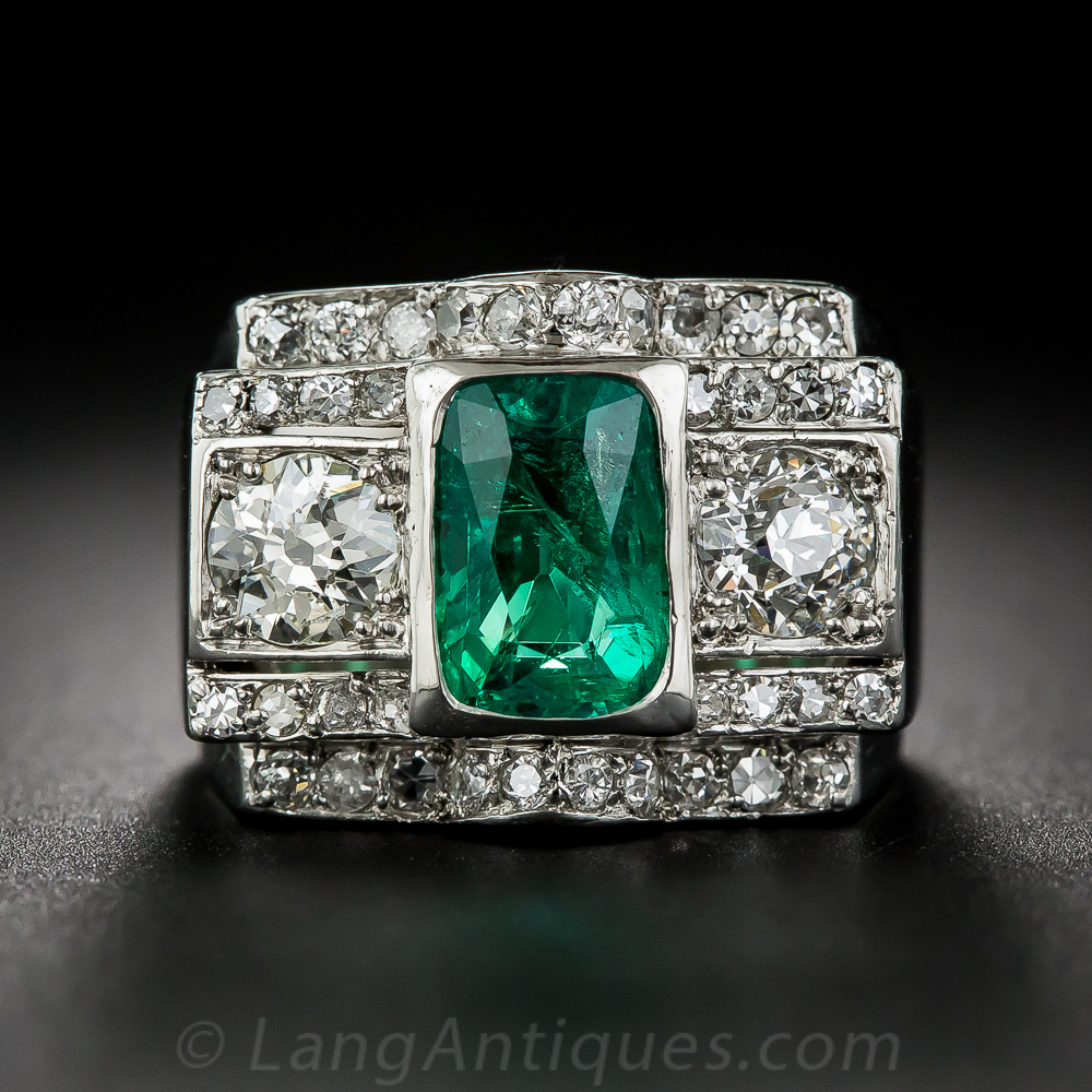 2.38 Carat Emerald and Diamond Art Deco Ring