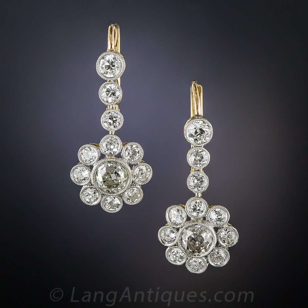 2.40 Carats Vintage Diamond Cluster Dangle Earrings
