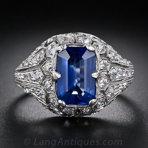 2.50 Carat Art Deco Sapphire Platinum and Diamond Ring