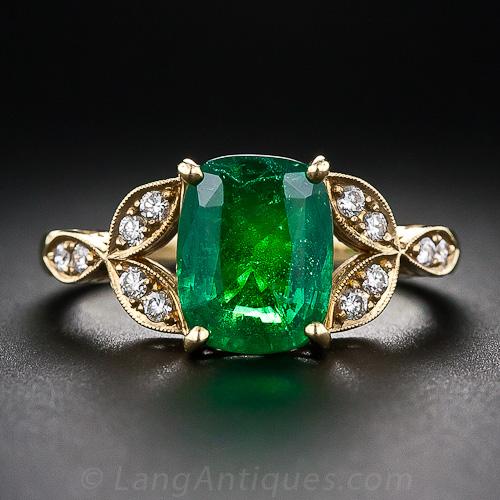 2.73 Carat Cushion Cut Emerald and Diamond Ring