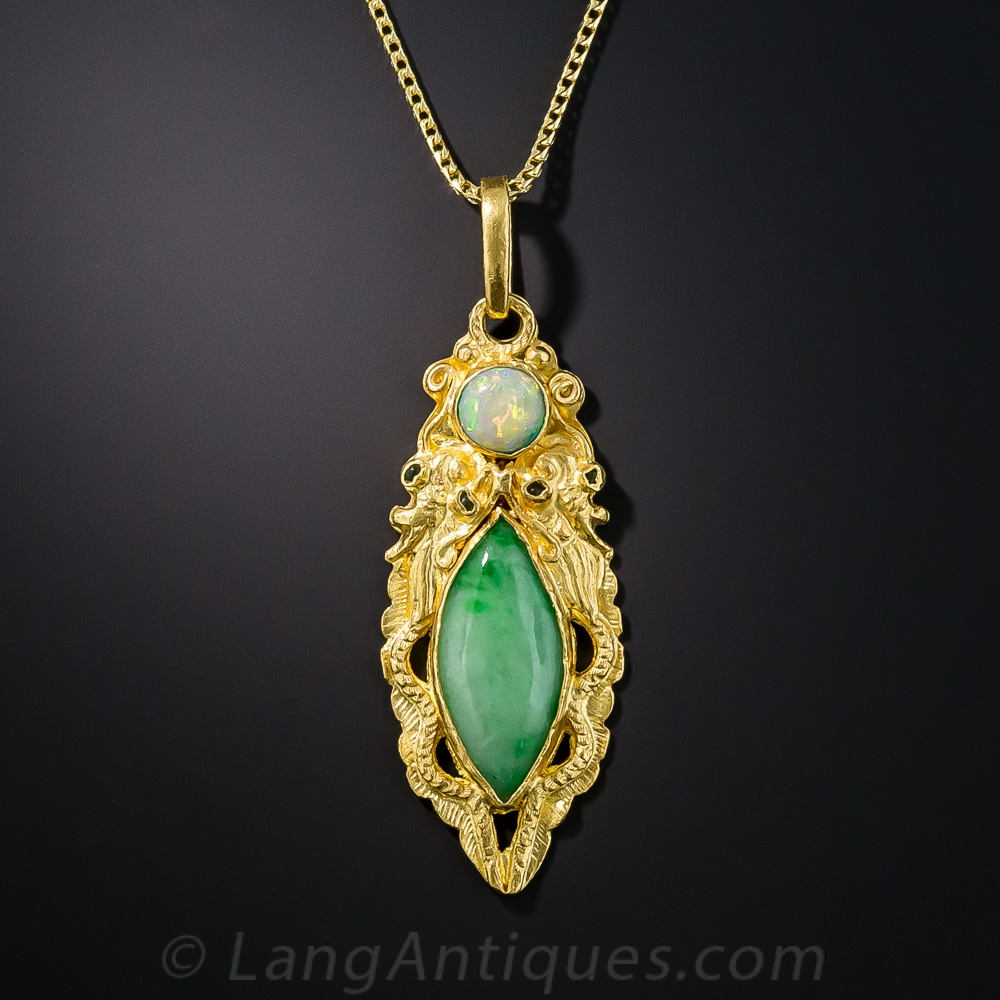 22K Chinese Dragon Pendant with Natural Jadeite and Opal