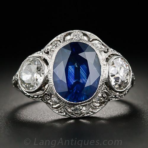 3.00 Carat Sapphire, Platinum and Diamond Edwardian/Art Deco Ring