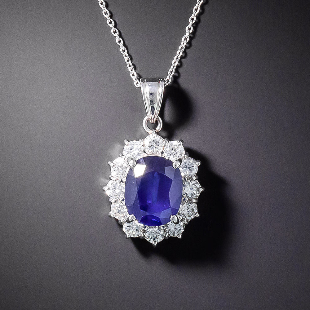 3.25 Carat No-Heat Sapphire and Diamond Halo Pendant