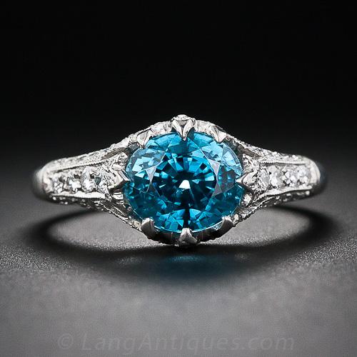 3.34 Carat Blue Zircon, Platinum and Diamond Ring