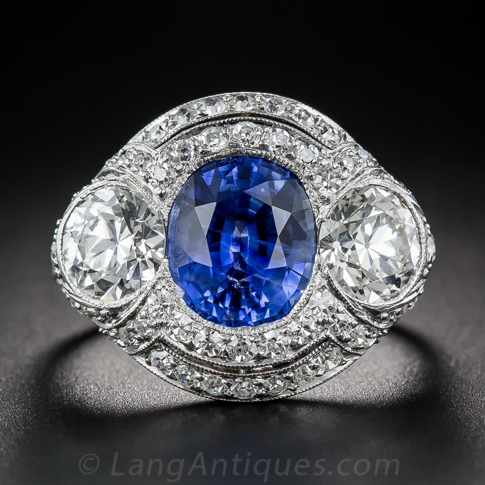 3.46 Carat No-Heat Sapphire and Diamond Art Deco Ring