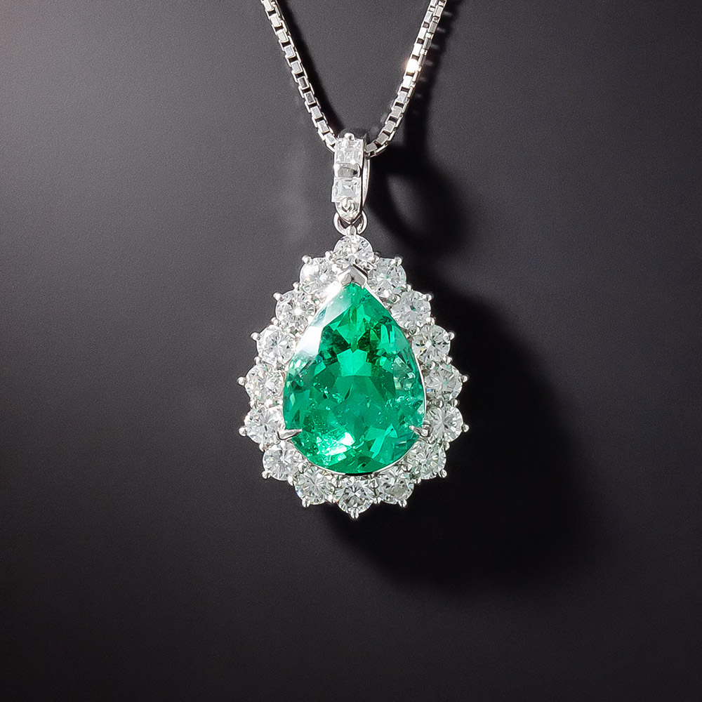 3.61 Carat Pear-Shaped Emerald and Diamond Pendant - GIA F1
