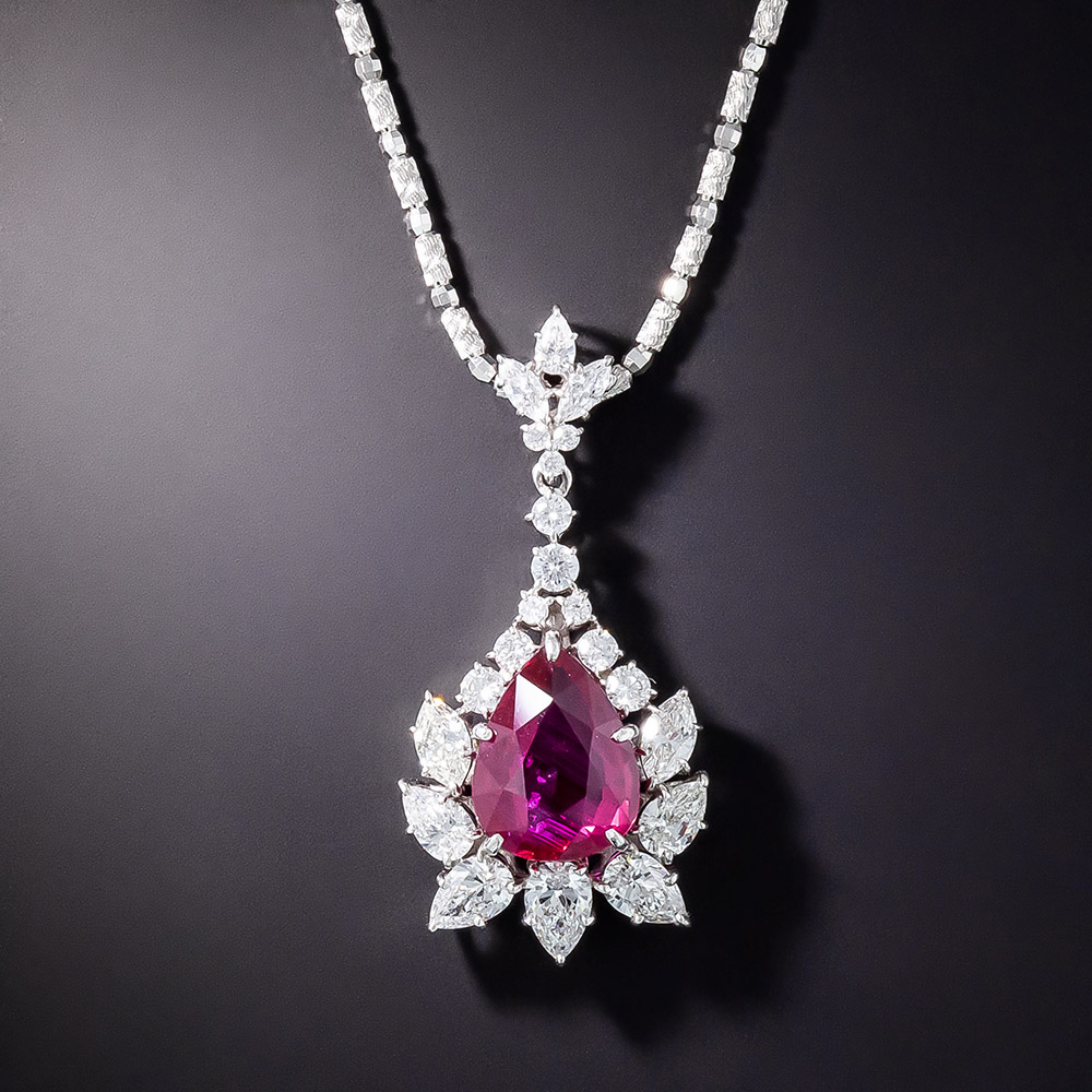 4.04 Carat No-Heat Pear-Shaped Ruby and Diamond Necklace - GIA