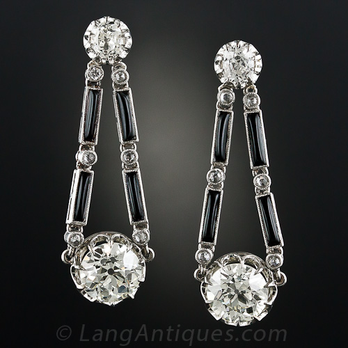 5.25 Carat Art Deco Diamond and Onyx Drop Earrings