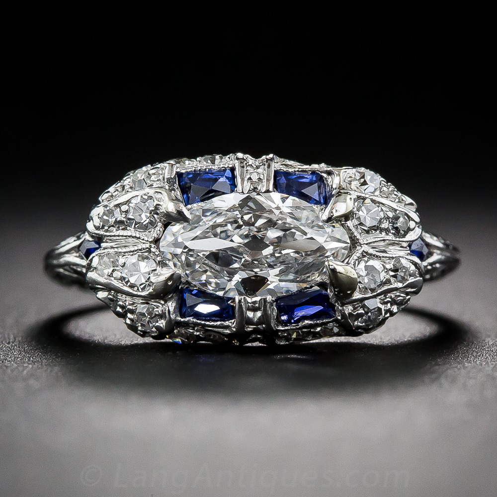 .58 Marquise-Cut Diamond and Sapphire Art Deco Ring