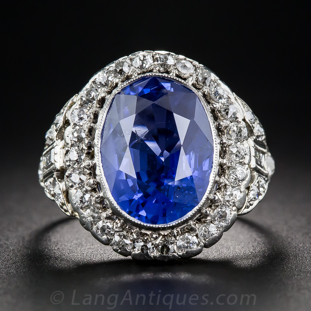 6.63 Carat No Heat Sapphire And Diamond Art Deco Ring