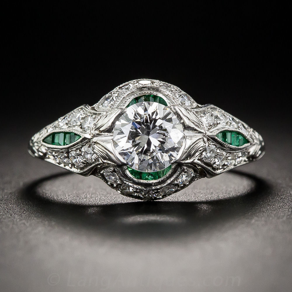 .65 Carat Diamond and Emerald Calibre Art Deco Engagement Ring