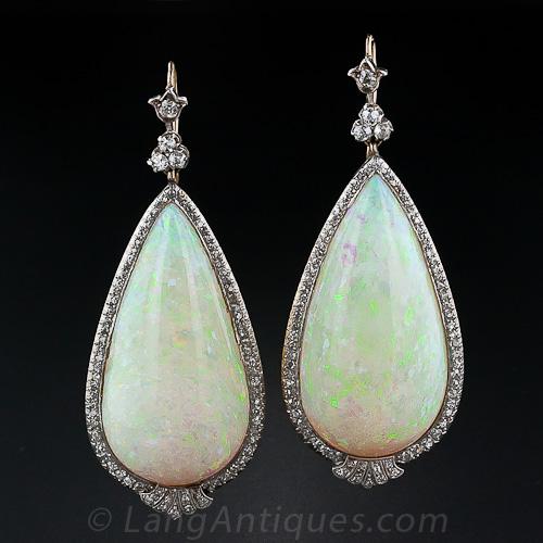 90.00 Carats (!) Antique Opal and Diamond Dangle Earrings