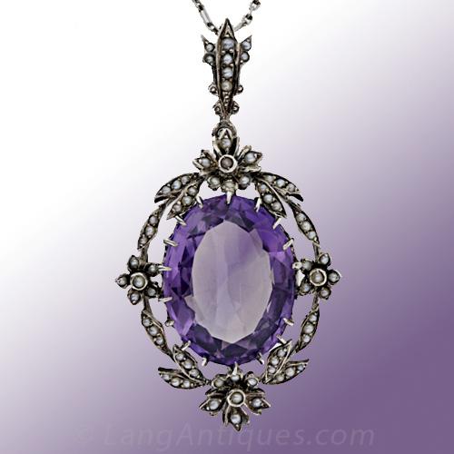 Antique Amethyst & Seed Pearl Pendant in Silver display picture 2