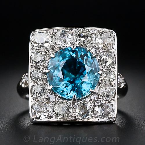 Antique Blue Zircon and Diamond Ring