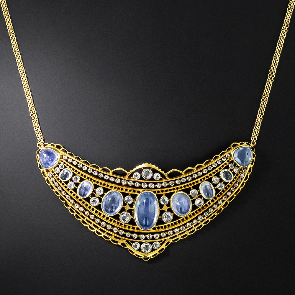 Antique Cabochon No-Heat Sapphire and Diamond Necklace, Circa 1900