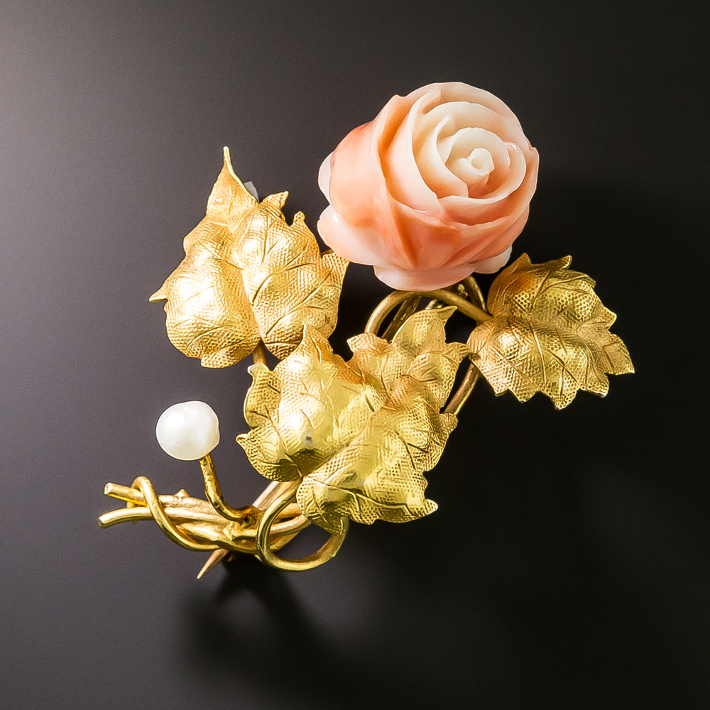 Antique Carved Coral and Pearl Rose Brooch