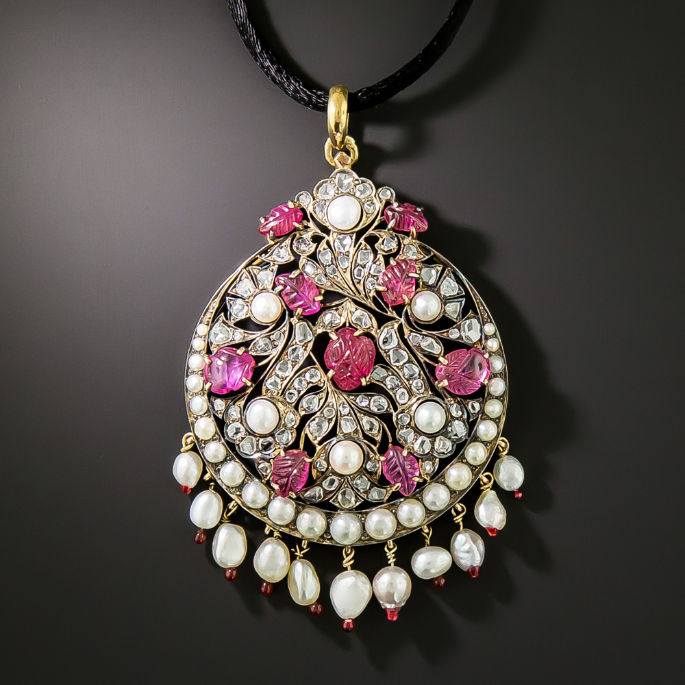 Antique Carved Ruby, Rose-Cut Diamond and Natural Pearl Mogul Pendant