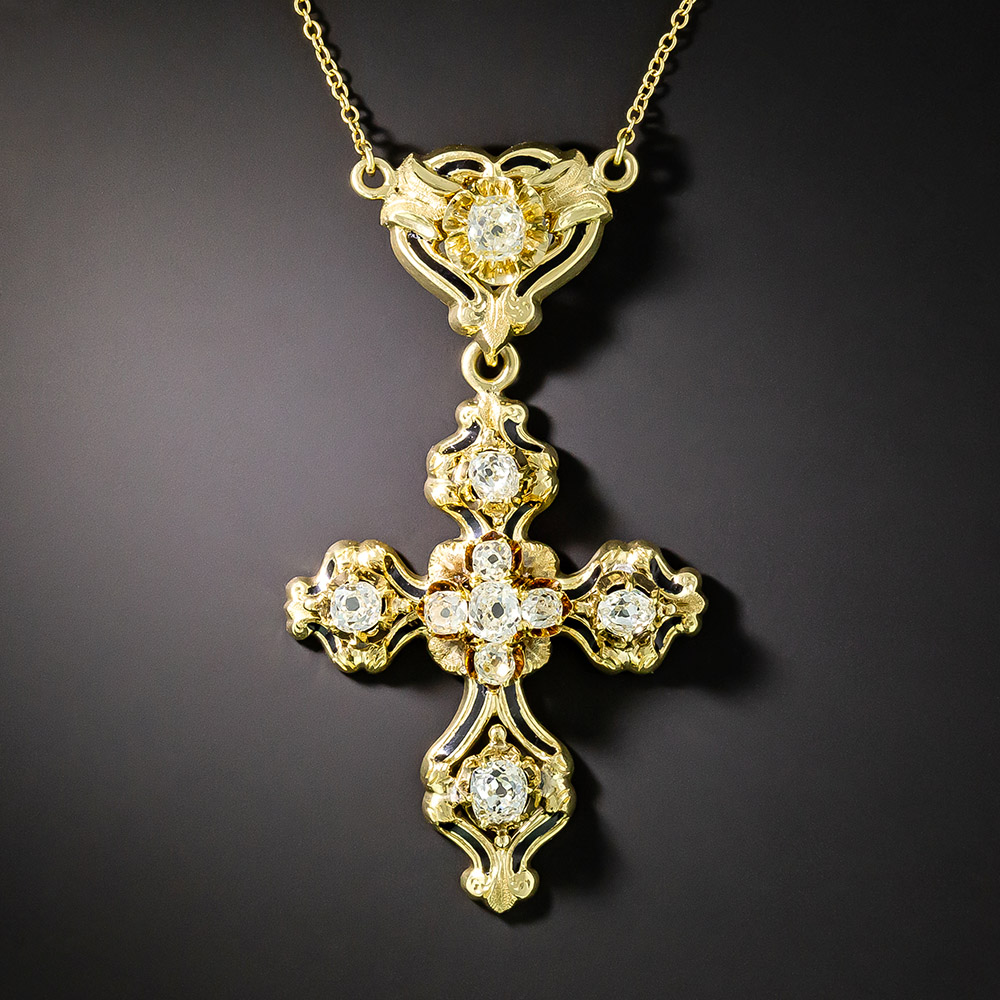 Gold-Plated Cross Pendant Necklace with Green & White Rhinestones 18-Inch Chain Vintage Designer Signed 1995