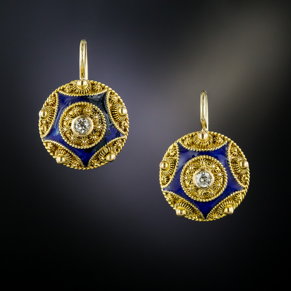 Antique Diamond and Enamel Cannetille Earrings