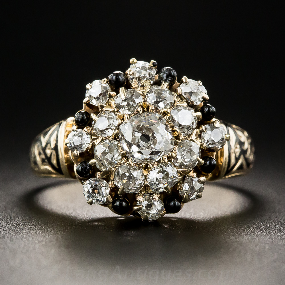 Antique Diamond and Enamel Cluster Ring - Vintage Engagement Rings