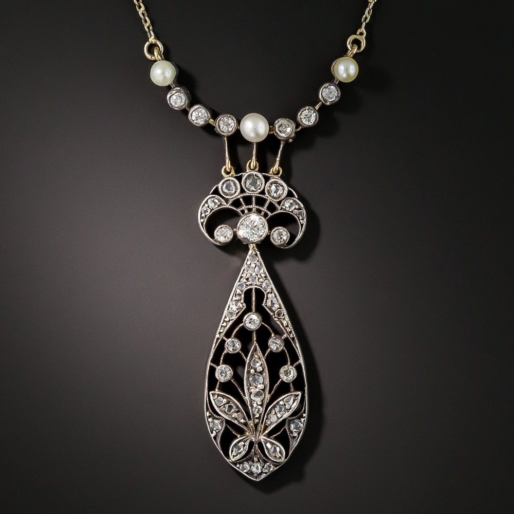 Antique Diamond and Natural Pearl Necklace
