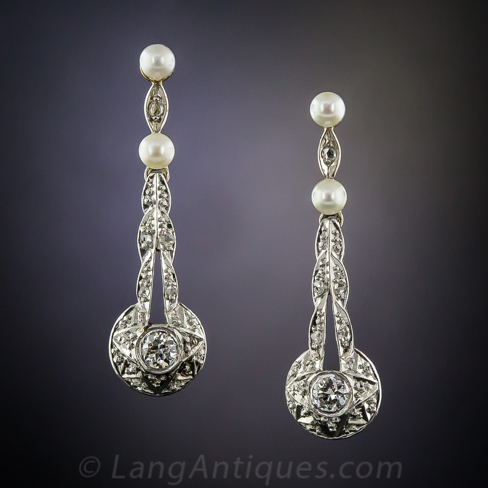 Antique Diamond and Pearl Drop Earrings