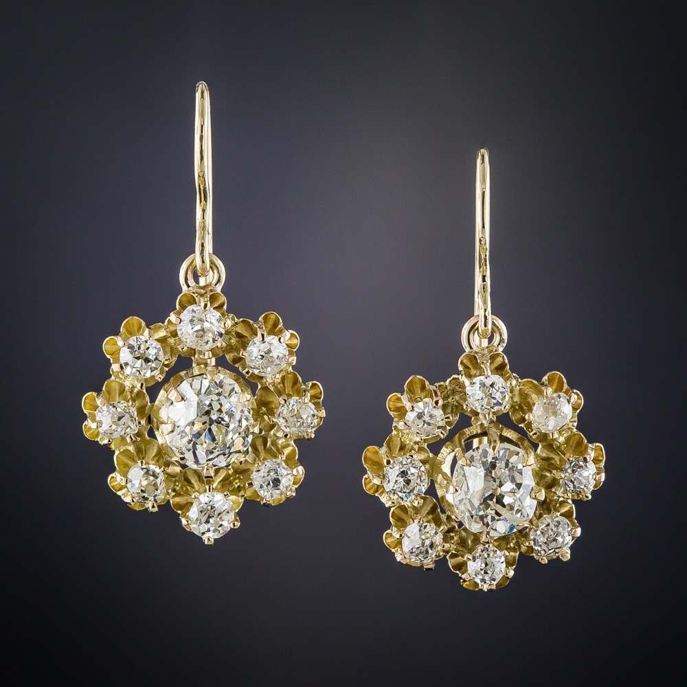 Antique Diamond Cluster Drop Earrings