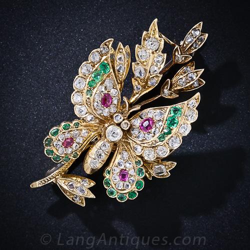 Antique Diamond, Emerald and Ruby Butterfly Brooch