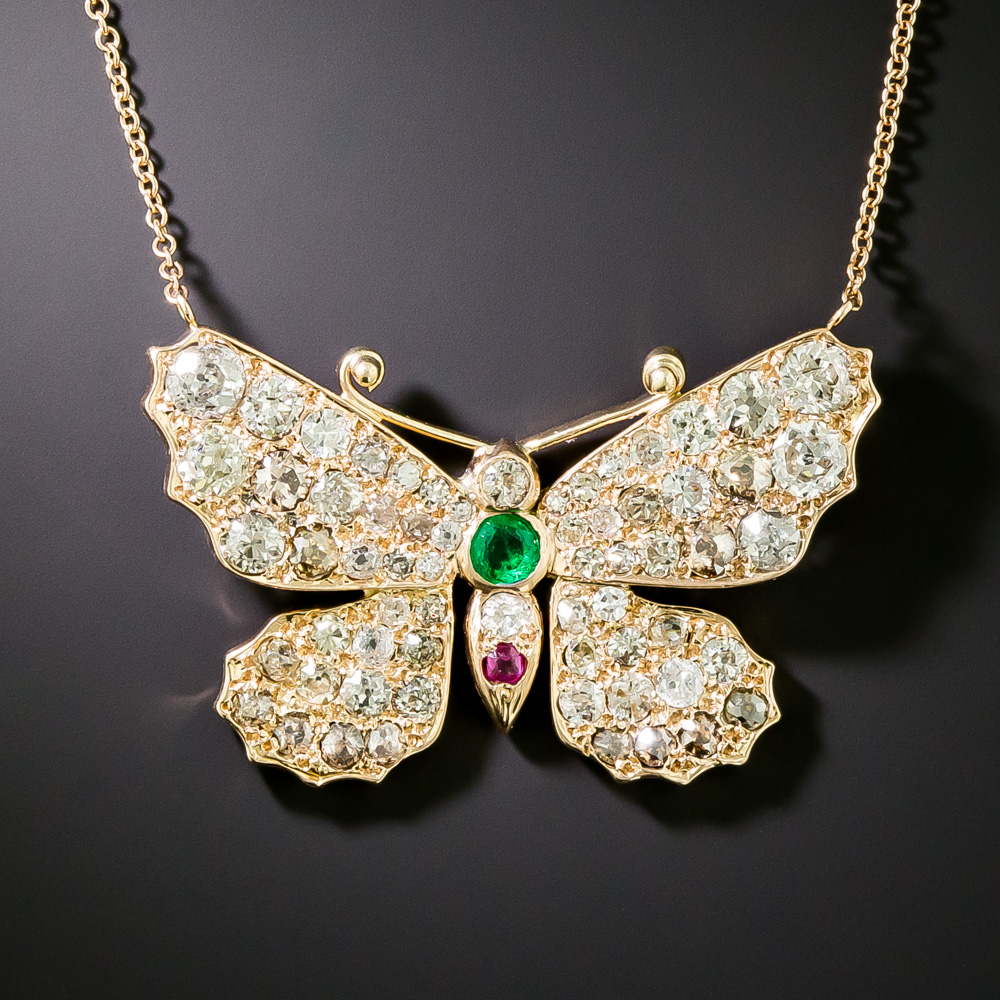 Diamond & Ruby 14k Gold Butterfly Pendant, Vintage Mid Century Necklace. -  Addy's Vintage