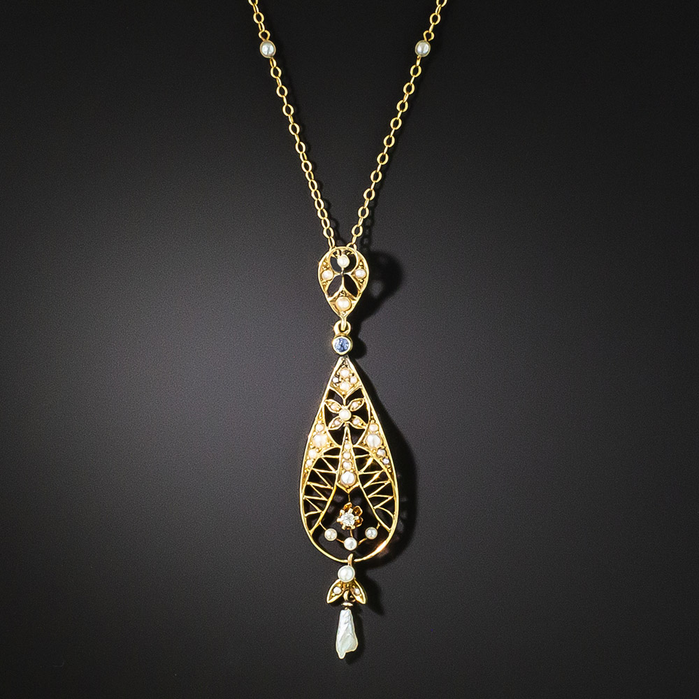 Antique Diamond, Pearl and Sapphire Lavalier, Circa 1900