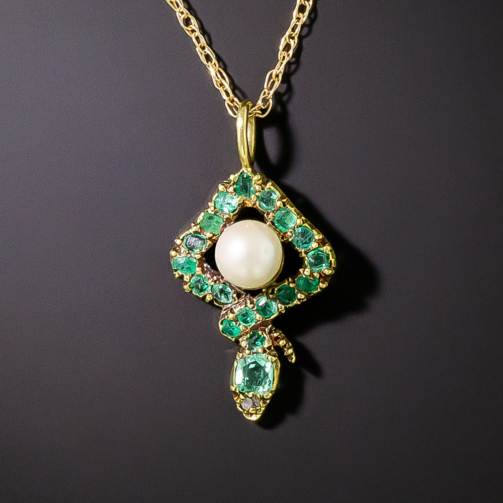 Antique Emerald and Natural Pearl Snake Pendant