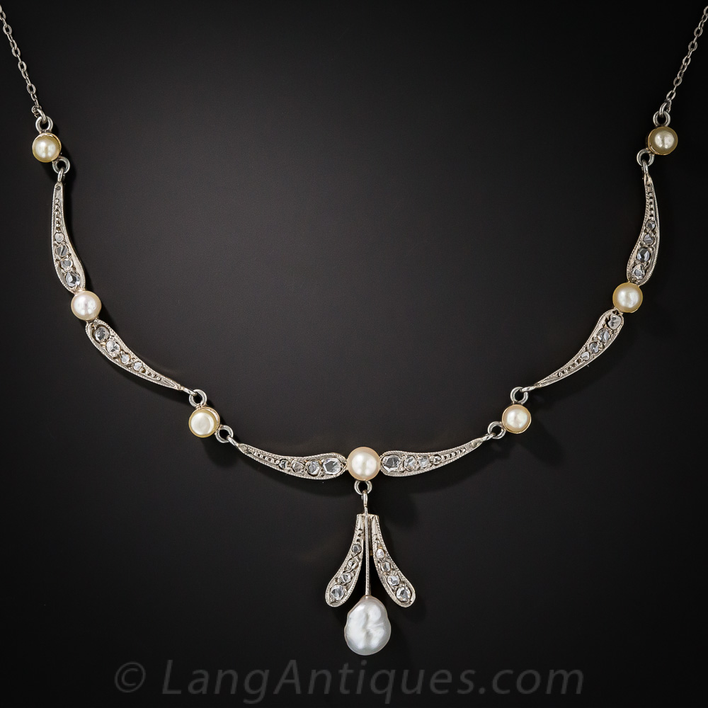 Antique Natural Pearl and Diamond Necklace