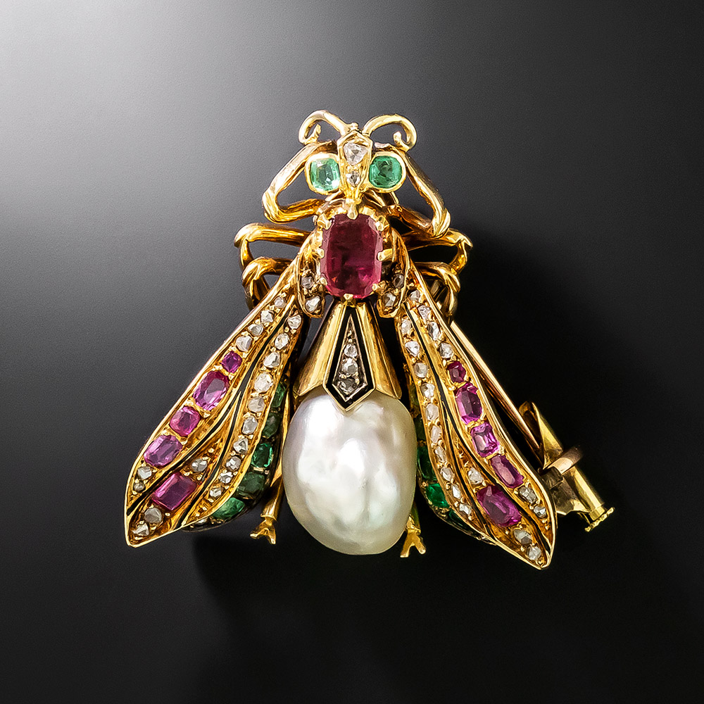 Antique Natural Pearl, Diamond And Gemstone Fly Brooch