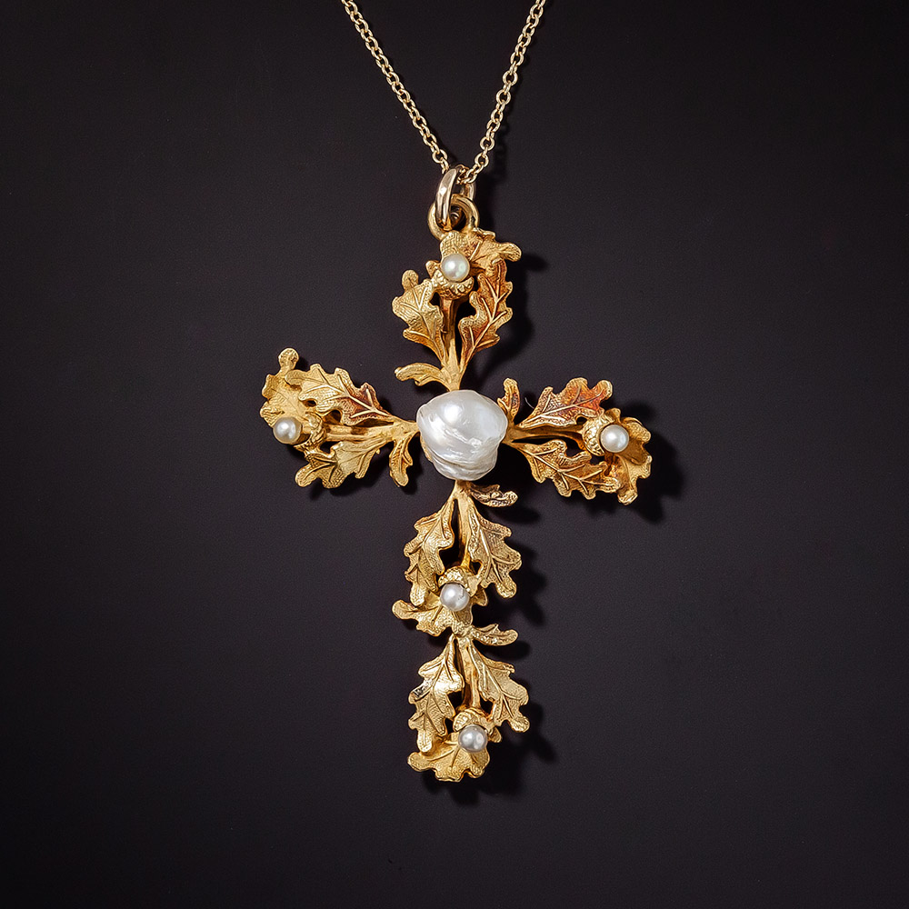 アクセサリー pete36 Antique Oak Leaf and Acorn Pearl Cross