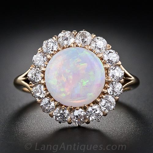 Antique Opal and Diamond Halo Ring