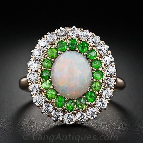 Antique Opal, Demantoid Garnet and Diamond Ring