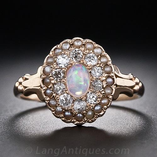 Antique Opal , Diamond and Seed Pearl Ring